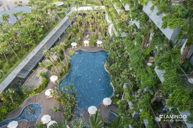Bể bơi Palm hình uốn lượn giữa vườn cây dưới chân tòa Forest in the Sky nhìn từ trên cao