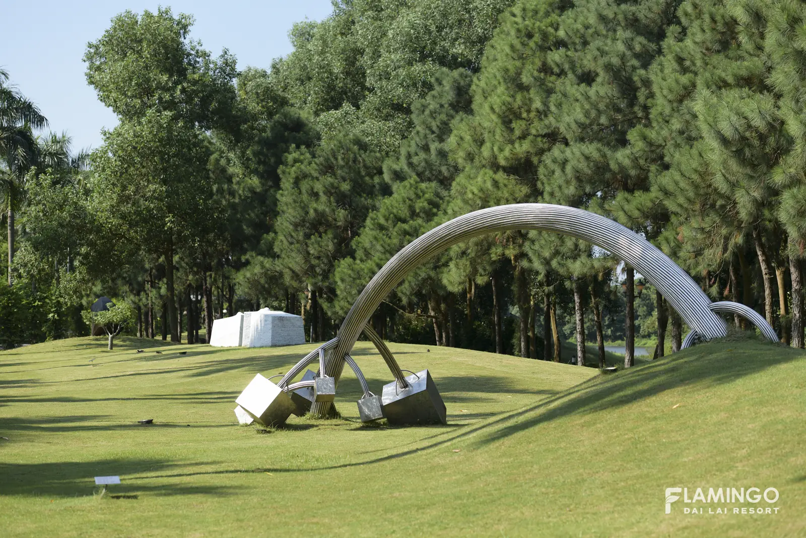 Tác phẩm điêu khắc vòm kim loại trên bãi cỏ giữa rừng thông ở Art in the Forest, Flamingo Đại Lải